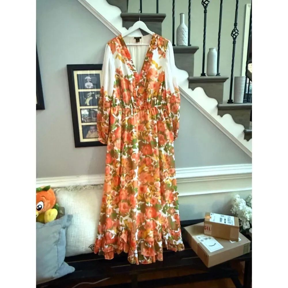 Anthropologie Vineet Bahl Retro Orange Floral V-Neck Maxi Dress sz 1X NWOT